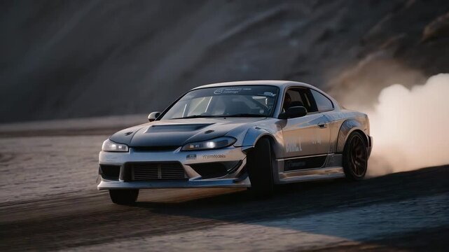 High speed motorsport action presents a racing car performing controlled drifting, balancing throttle, steering, and traction under intense conditions. cinematic color correction, natural uneven