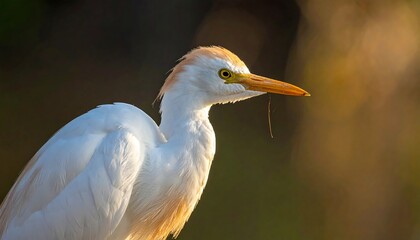 Close-up of a white bird with an orange beak, eye, and head plumage, carrying a twig