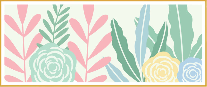 Modern abstract floral border with large leaves and roses in soft color palette