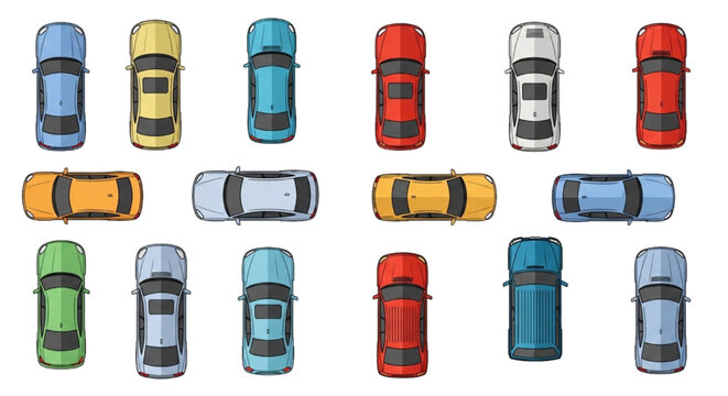Flat Vector Top View Car Set with Color Fills for Architectural Site Plans | Sedans, SUVs, Trucks