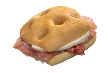 Sandwich made with focaccia bread filled with parma ham and mozzarella, isolated