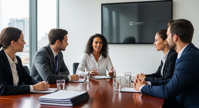 Business Meeting. A professional group of diverse colleagues having a productive meeting in a modern office conference room. A woman is leading the discussion while others listen attentively.