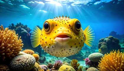 Close-up of a vibrant yellow pufferfish with large eyes, surrounded by coral and clear ocean water