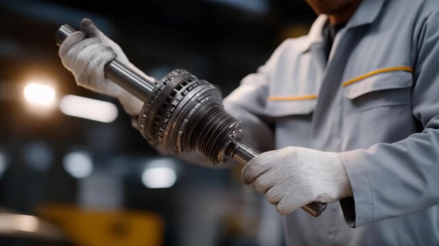 Inside a professional workshop, mechanics inspect the transmission, ensuring reliable gear operation, reduced wear, and long term drivetrain durability. cinematic color correction, natural uneven