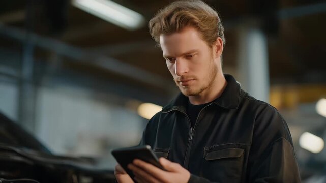 Inside a repair bay, experts run diagnostics software to evaluate engine systems, ensuring accurate car troubleshooting and targeted repairs. cinematic color correction, natural uneven lighting yet