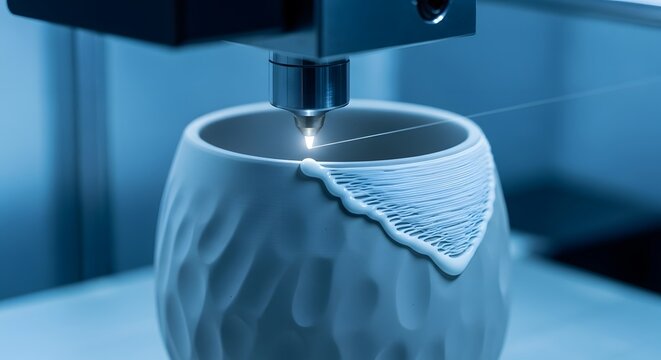 A 3D printer head depositing material, constructing a textured white vase