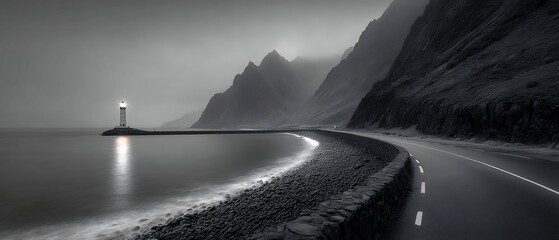 Obraz premium coastal road curves toward distant lighthouse