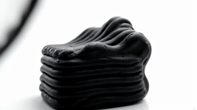 Abstract Black Playdough Stacked Layers with Glossy Texture and Dramatic Lighting on White Background