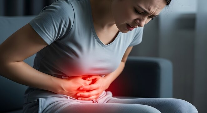 Person clutches stomach, face contorted in pain; red glow highlights abdominal area