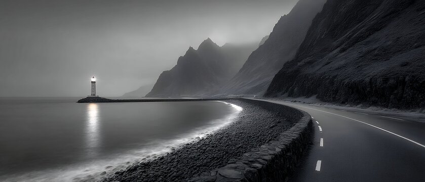 coastal road curves toward distant lighthouse