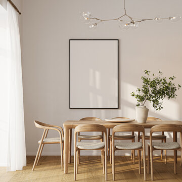 Modern Living Room Poster Frame Mockup with Natural Light and Minimalist Decoration. 3D render.