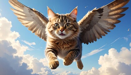 A fluffy, tabby cat with feathered wings gracefully soaring through a vibrant, cloud-filled sky