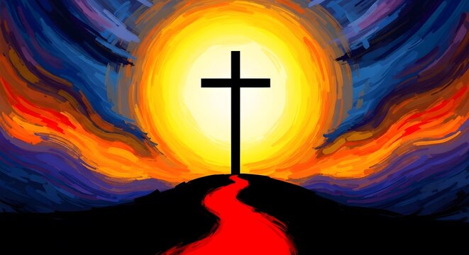 Silhouette of a cross against a bright sun, with red path, painted in vibrant hues