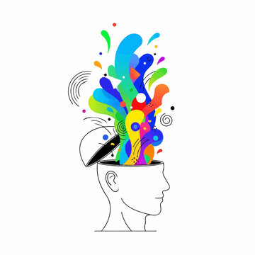 Outline of a human head shows vibrant, colorful abstract ideas exploding outward, symbolizing creativity and innovation.
