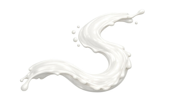 White liquid splash creating a dynamic curve with flowing droplets, representing freshness and dairy products