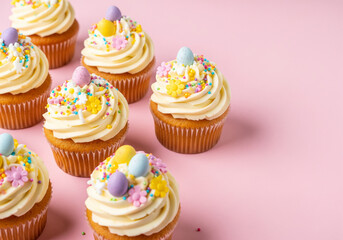 Tasty Easter cupcakes with vanilla cream and candies on pink background, space for text