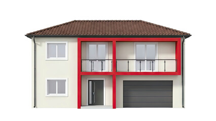Naklejka premium Modern Two-Story House with Red Accents and Garage