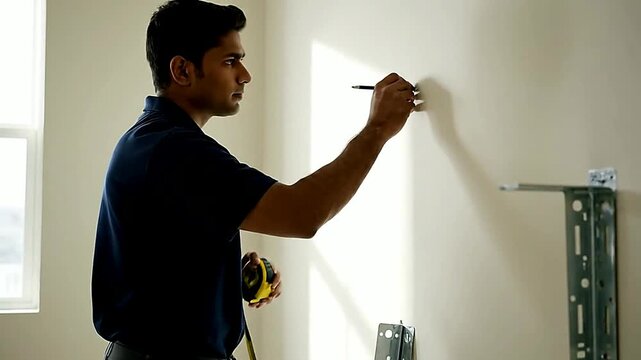 Close up of man marking wall with measuring tape in room | Close up of wall bracket being measured in room