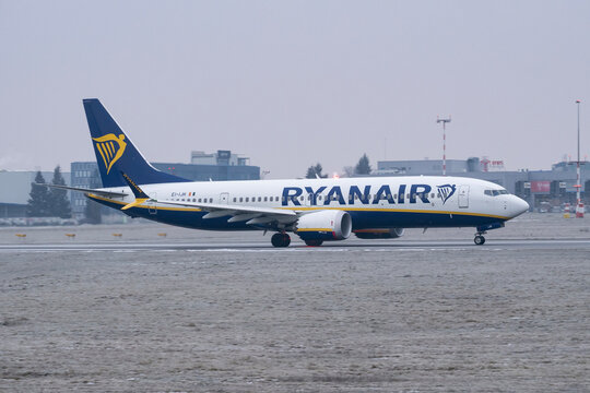 PRAGUE, CZECH REPUBLIC &ndash; JANUARY 22, 2026: Ryanair Boeing 737-8200 MAX (EI-IJH) taxiing on the runway at Prague Airport.