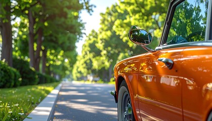 Orange vintage vehicle on a sunny asphalt road with trees. Side view captures details