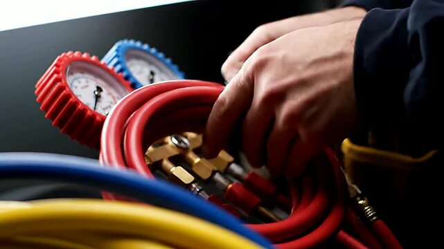 Close up of gauges and hoses adjusting