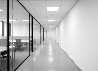 Ultra-modern minimalist office hallway featuring glass partitions and clean architectural lines