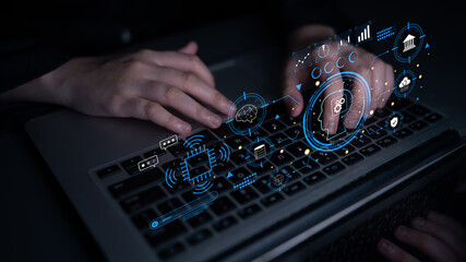 Obraz na płótnie Canvas An advanced AI system for business and financial analysis. A futuristic interface for commanding an AI to process data from various domains. Motif