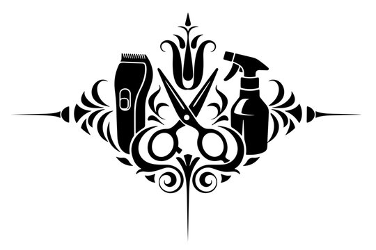 Flat vector illustration with a decorative barber shop logo in black and white.