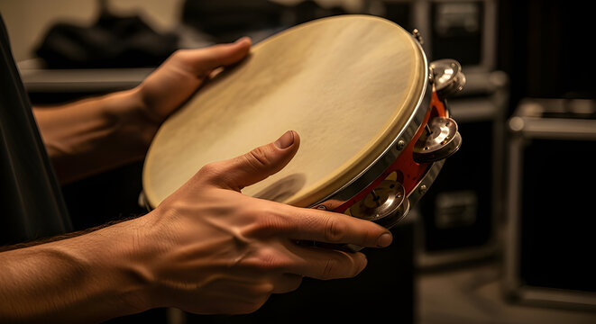 Hands holding tamborim in a rehearsal setting, authentic Brazilian carnival rhythm and tradition