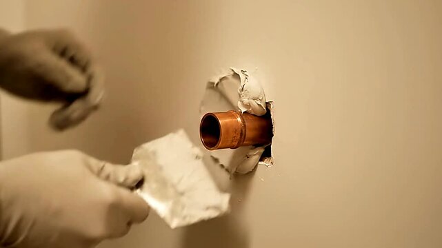 Close up of pipe patching on wall