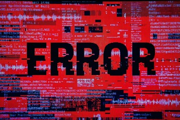 Glitch screen showcasing digital error with red and black code overlay