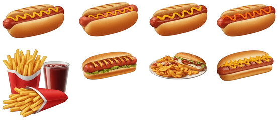 Fast food meal hot dogs french fries and soda drink assortment for quick lunch