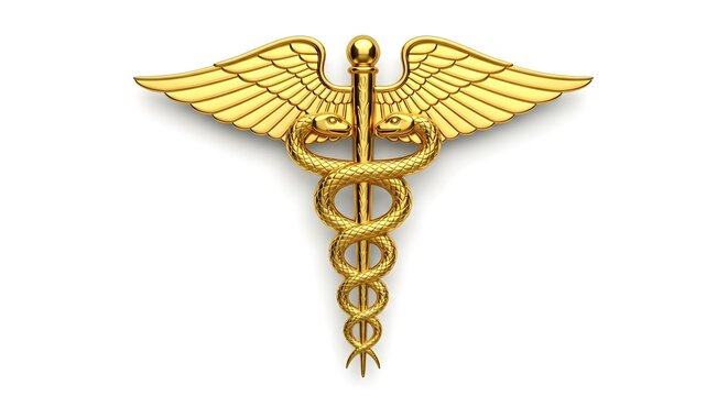 Golden medical symbol with serpents twined around a staff and wings, isolated on white