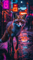 Fototapeta premium A sleek fox roams a rain-soaked, neon-lit alley, capturing a wild moment in the heart of the city
