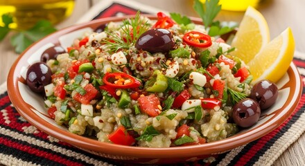 Close-up of a vibrant, textured salad with olives, peppers, and lemon wedges on a plate