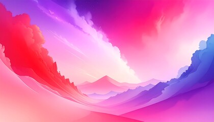 A vibrant digital landscape with stylized mountains, colorful clouds, and a gradient sky