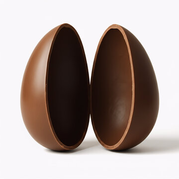 A brown chocolate Easter egg shell split open on a white background