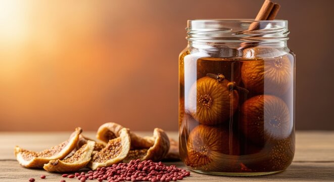 Traditional Andean Dulce de Higos in Syrup with Cinnamon and Large Left Copy Space