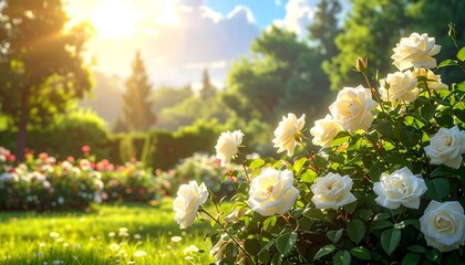 Sunlit garden scene featuring white roses in full bloom, lush green foliage, and vibrant sunlight