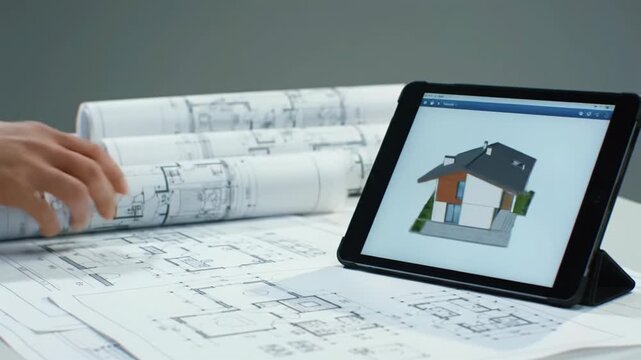 Slider video tracks professional hands reviewing house floor plan blueprints and 3D rendering on a modern desk in soft daylight, emphasizing meticulous planning and future vision.