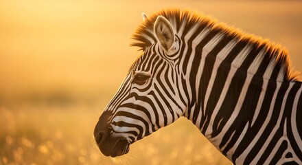 Fototapeta premium Side profile of a zebra bathed in golden light, standing in a grassy field
