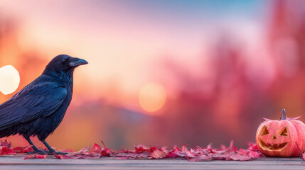 Obraz premium Raven stands next to carved pumpkin amid colorful autumn leaves at sunset