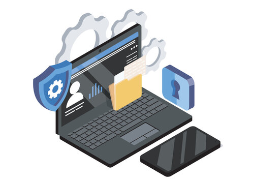 Isometric cyber security. Laptop with folder with files. Safety and security on internet. Personal data protection. Archive or storage protection. Volumetric vector illustration