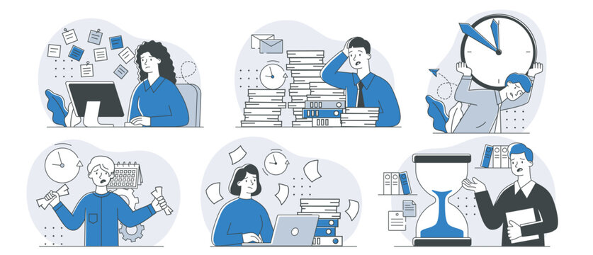 Deadline office work set. Women and men work near clock. Stress and mental pressure. Poor time management and inefficient workflow. Linear vector collection isolated on white background