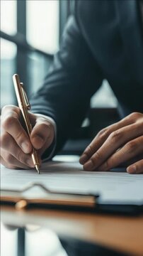 A man in a suit sitting at a desk, concentrating on paperwork while holding a pen.