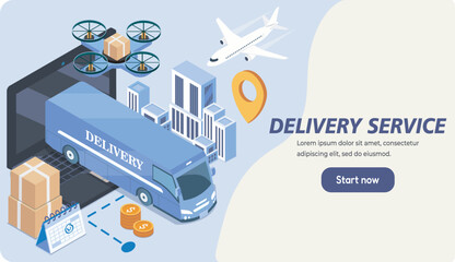 Isometric delivery service poster. Bus, drone, and plane on laptop. Logistics and transportation. Import and export. Landing page design. Volumetric vector illustration