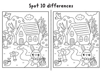 Naklejka premium Easter find differences black and white game. Spring holiday line educational activity with bunny going to house with gg basket. Puzzle for kids. Printable worksheet, coloring page with rural scene