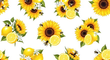 Repeating floral pattern of vibrant sunflowers, lemons, blossoms, and buzzing bees on white