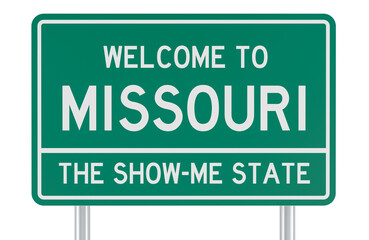 Welcome to Missouri, green road sign. 3D rendering