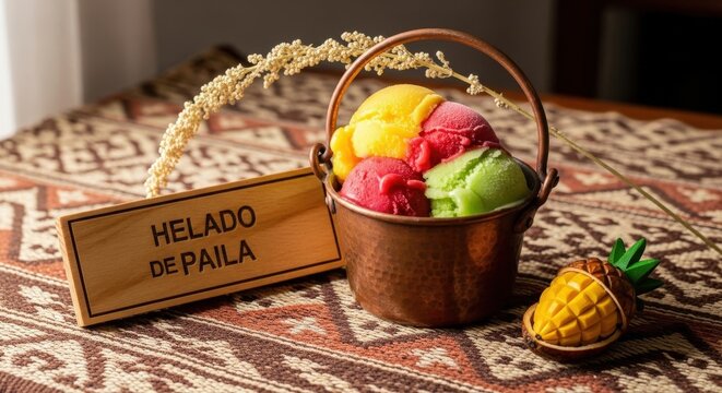 Traditional Ecuadorian Helado de Paila Sorbet in Copper Pot with Otavalo Pano Mat and Tagua Carving